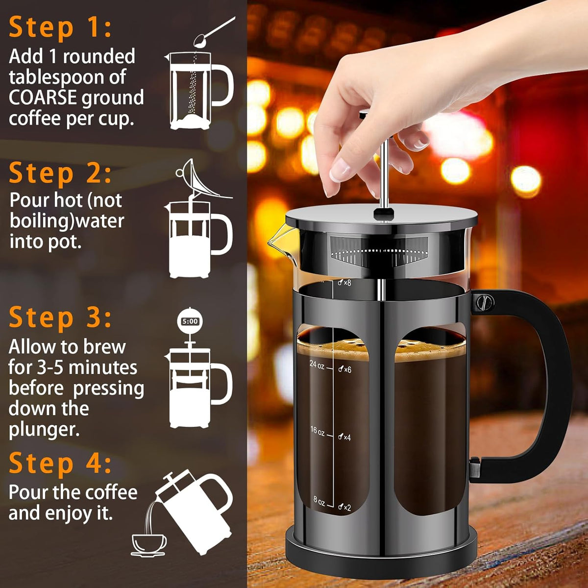 French Press Coffee Maker (34oz 1Quart 5-6Cup) Coffee Press, with 4 Filters System, Heat Resistant Thickness Borosilicate Glass, Cold Brew Coffee Tea Pot Gifts (Bright Black)