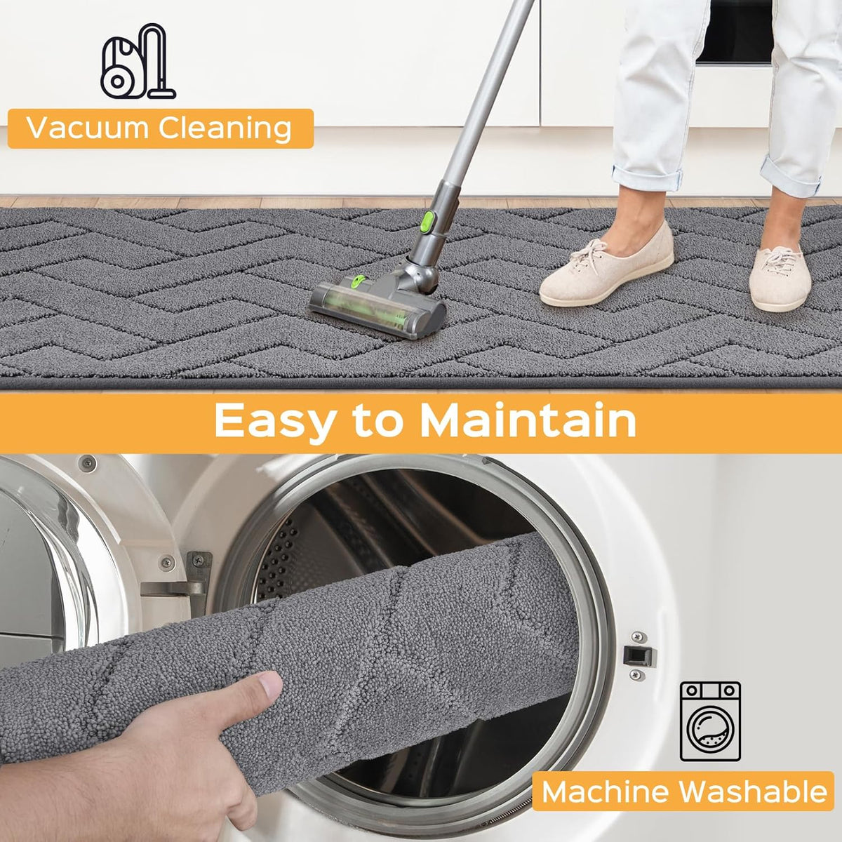 Machine Washable Kitchen Rugs Set (24" x 36"+24" x 60"), Non-Slip Kitchen Runner Rugs Mats for Floor, Absorbent Comfort Standing Mats for Kitchen, Sink and Hallway, Rolled Packaging, Grey