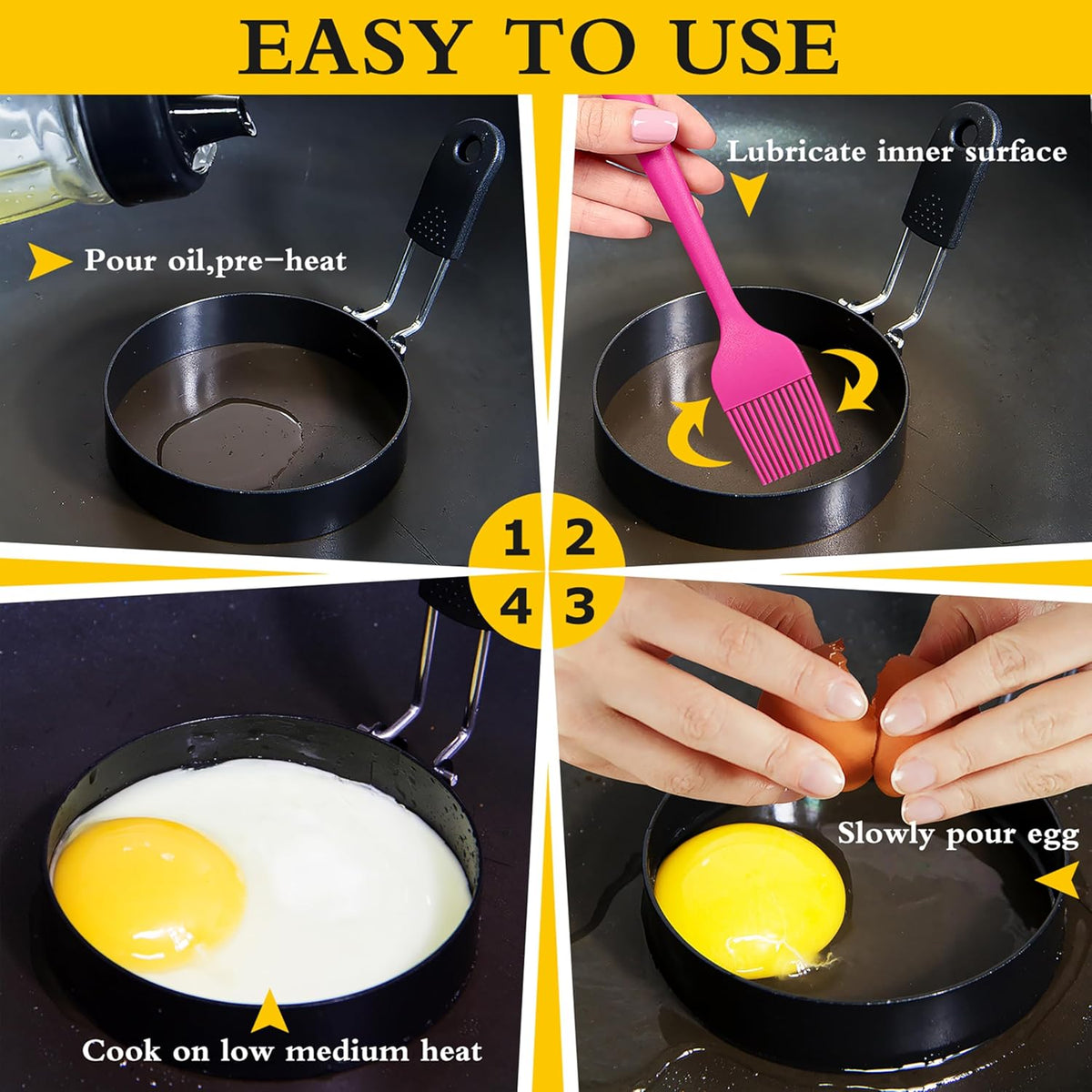 4 packs 3.5'' Egg Rings Set with Silicone Handle, Stainless Steel Egg Cooking Rings,Nonstick,For Frying Eggs and Egg Mcmuffins, Egg Mold For Breakfast