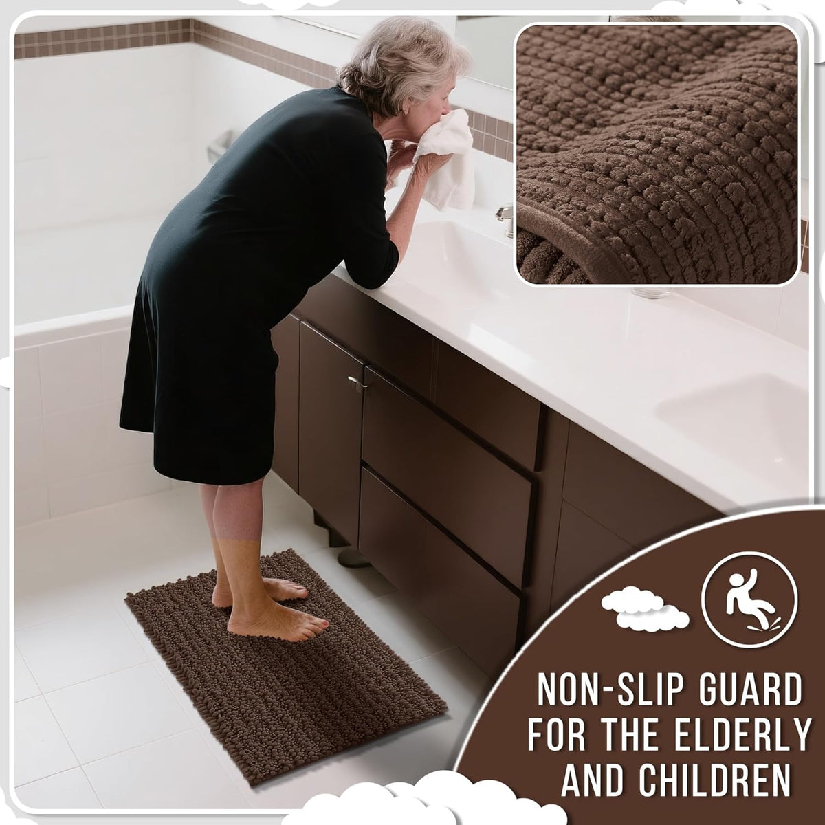 Yimobra Bathroom Rugs Non Slip Washable 32x20 Inch - Ultra Soft Absorbent Chenille Bath Mat, Quick Dry Shaggy Floor Carpet for Tub Shower, Brown Home Decor Accessories