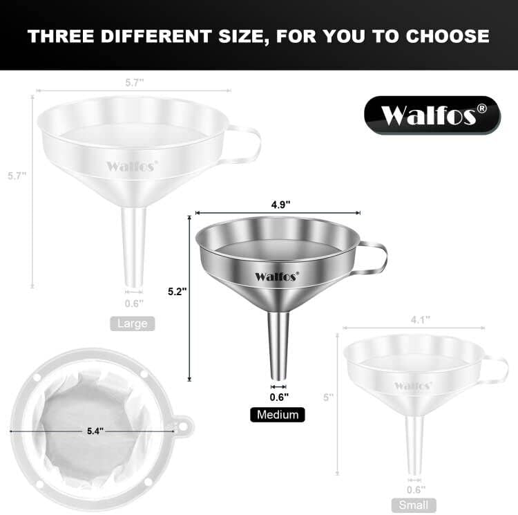 Stainless Steel Funnel, Walfos Kitchen Funnel with 2 Removable Strainer ＆ 1Pc Cleaning Brush, Perfect for Transferring of Liquid, Oils, Jam, Dry Ingredients & Powder (Big, 4.9")