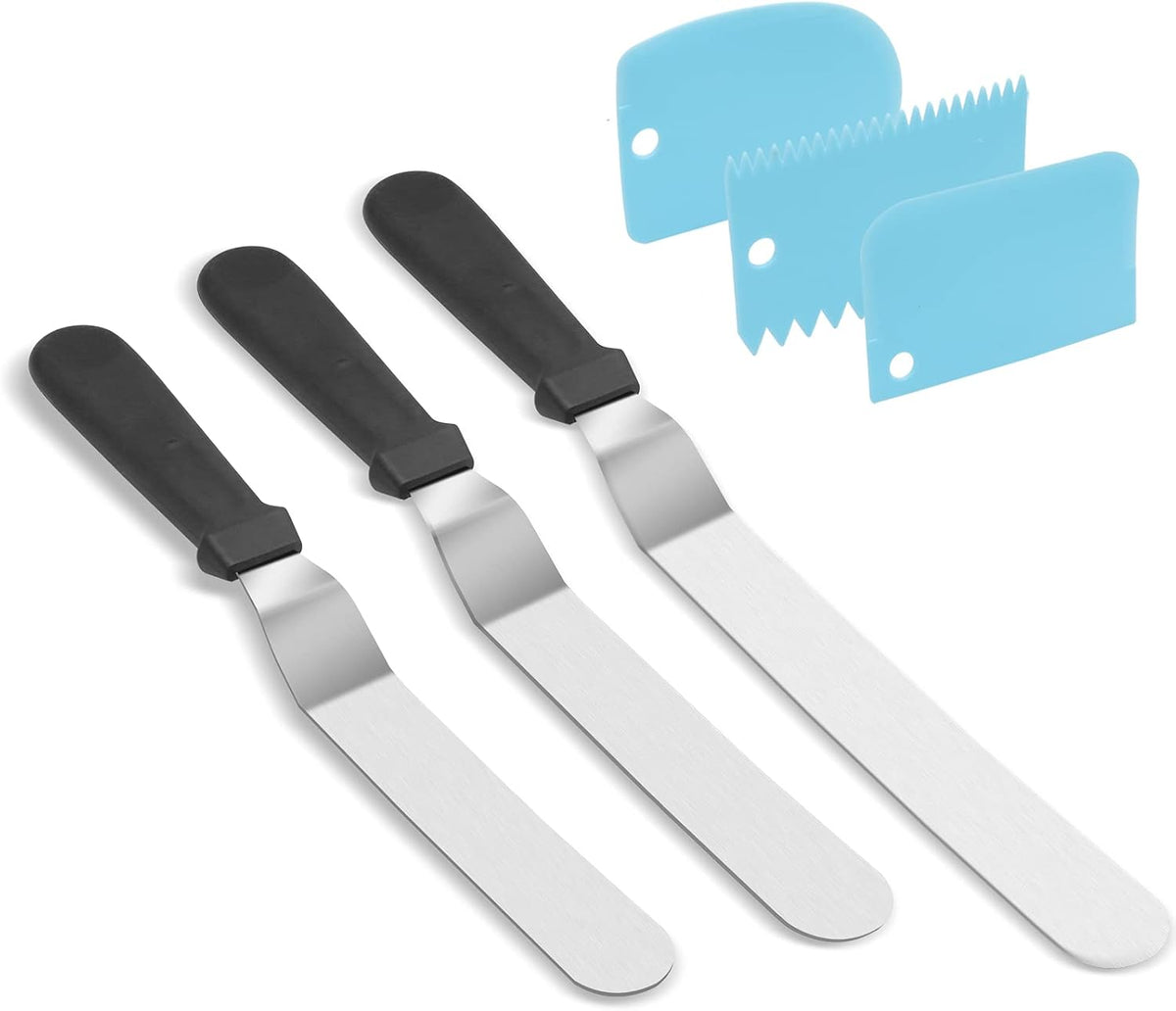 Angled Icing Spatula Set and 3 Packs Cake Scrapers Smoother, Stainless Steel Offset Spatulas Cake Frosting Spatula Set for Pastry Decorating Tools