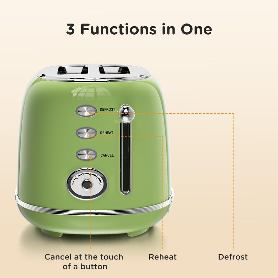 Toaster Retro 2 Slice, Vintage Green Toaster with Lid, with Bread Attachment, Preheat, Defrost And Cancel Functions, 6 Browning Levels (Green)