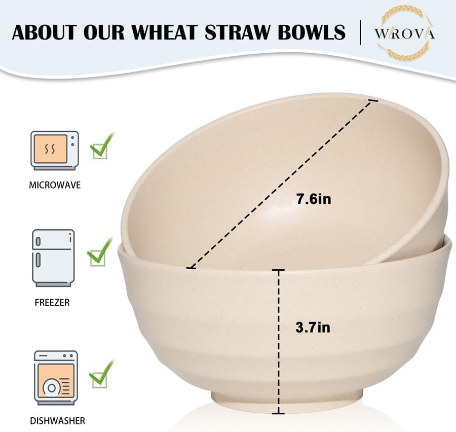 Wheat Straw Bowls Set 60 OZ, Unbreakable Large Beige Bowls Set of 6, Microwave & Dishwasher Safe Big Cereal Bowl for Picnic and Party BPA Free Salad Bowl for Serving Oatmeal and Popcorn (Beige)