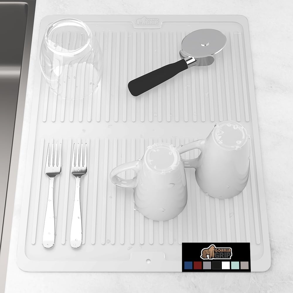 GORILLA GRIP 100% BPA-Free Patented Silicone Dish Drying Mat for Kitchen Counter, 18x16 Inch, Water Catching Ribbed Design, Easy Clean Waterproof Sink Liner, Heat Resistant, Fits Under Rack, White