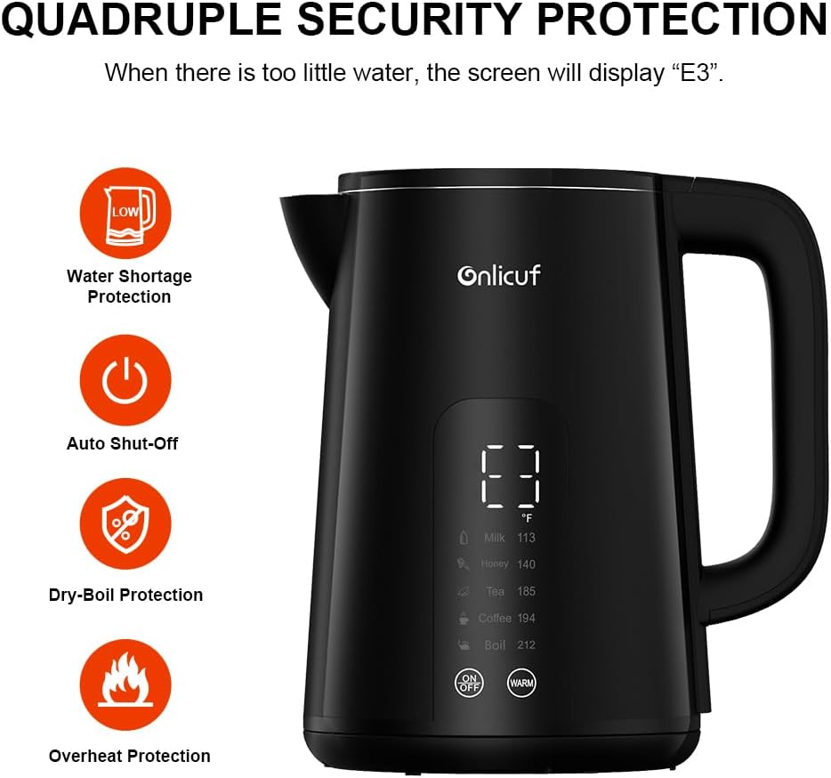 Temperature Control Electric Kettle, Long-term Keep Warm 304 SS Interior 1.7 L Electric Tea Kettle & Hot Water Boiler with Real Time Display,Auto-Off & Boil-Dry Protection, BPA Free