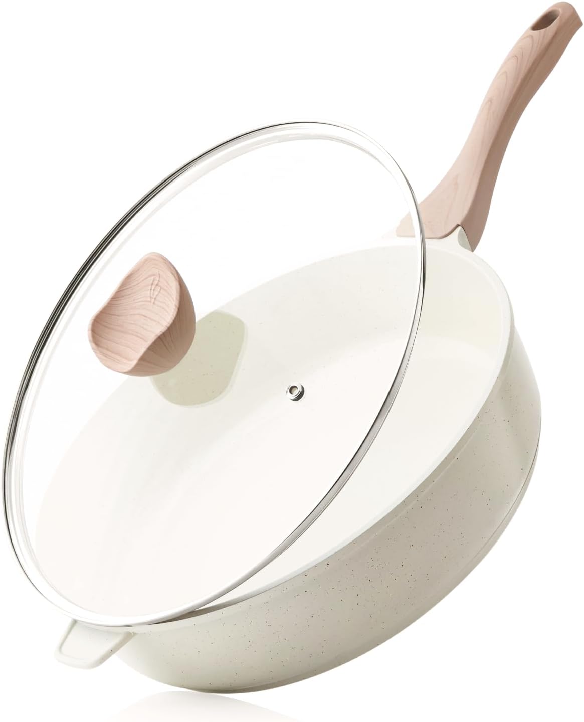 Nonstick Ceramic Deep Frying Pan, 12 Inch Non Toxic Large Skillet with Lid, 5 Qt Healthy Jumbo Cooker, Saute Pan for Cooking, Induction Cookware, PFOA & PFAS Free (Cream)