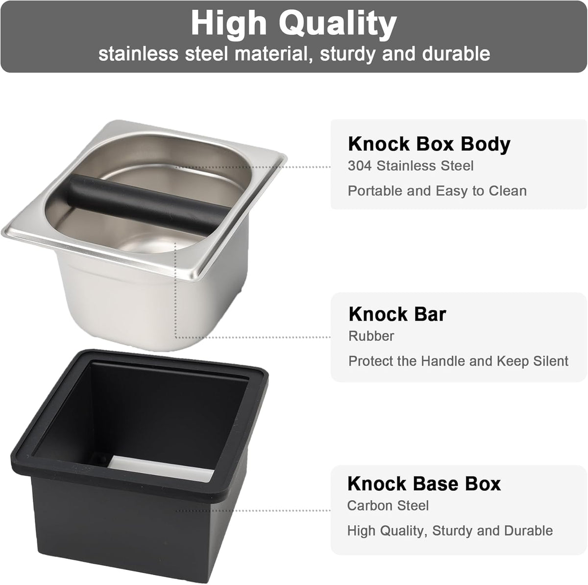 Espresso Knock Box, Coffee Knock Box for Espresso Grounds Disposal, Large Capacity, Equipped with Noise Reduction Rubber Ring & Steel Holder, Ideal Tool for Espresso Machines, Black (Small)