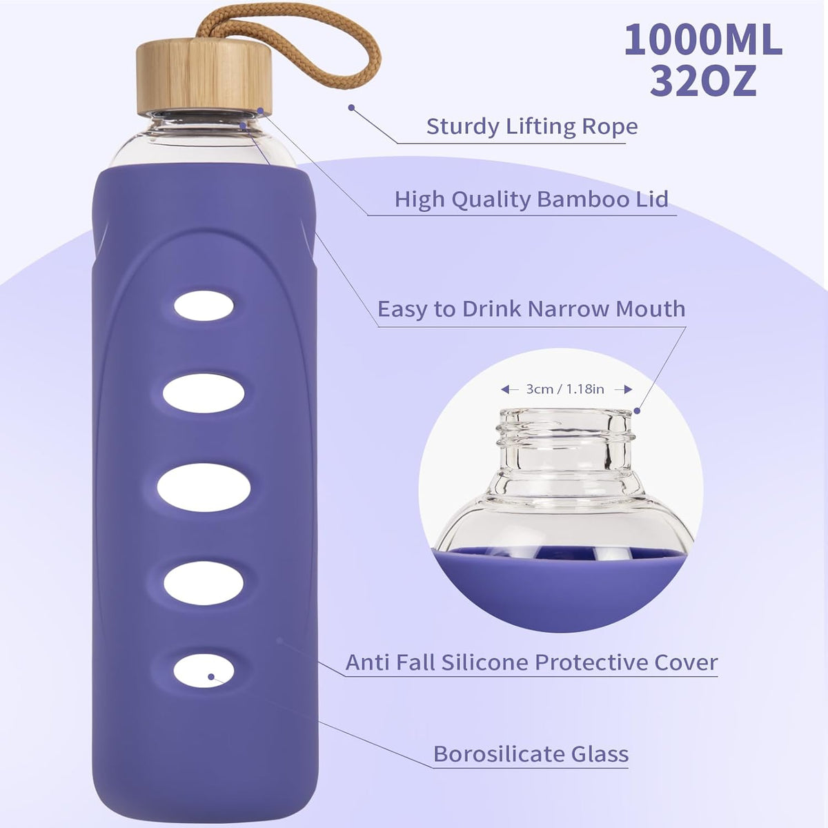 Sport 32oz Glass Water Bottle 1000ml /1 liter Borosilicate Glass Water Bottle Reusable Waterbottle Jugwith Silicone Sleeve and Unique Lid (Purple