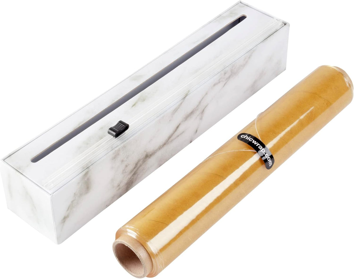 Chicwrap Carrara Marble Refillable Plastic Wrap Dispenser - One 12" x 250' Roll of Professional Grade Plastic Wrap - BPA Free and Kosher Certified - Reusable Dispenser w/Slide Cutter