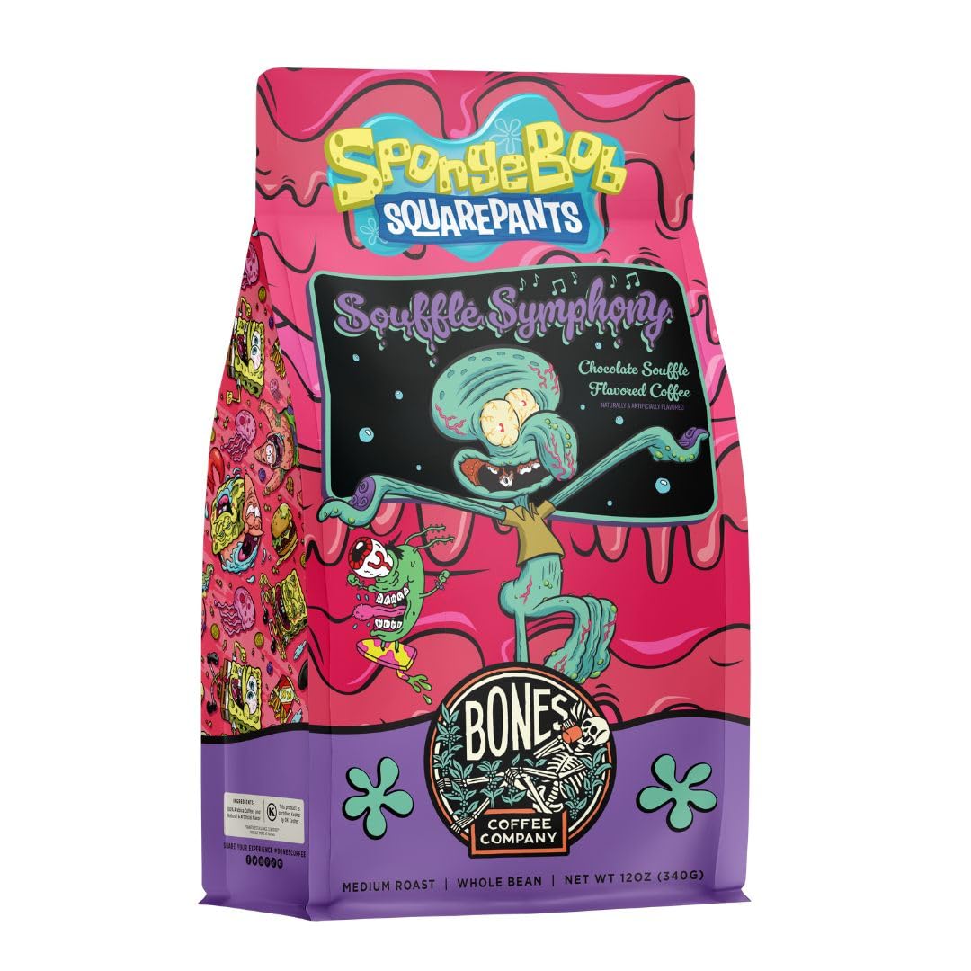 Bones Coffee Company Spongebob Soufflé Symphony, Chocolate Soufflé Flavored Whole Coffee Beans, Low Acid Medium Roast Arabica Beans Flavored Coffee, 12 oz Whole Bean