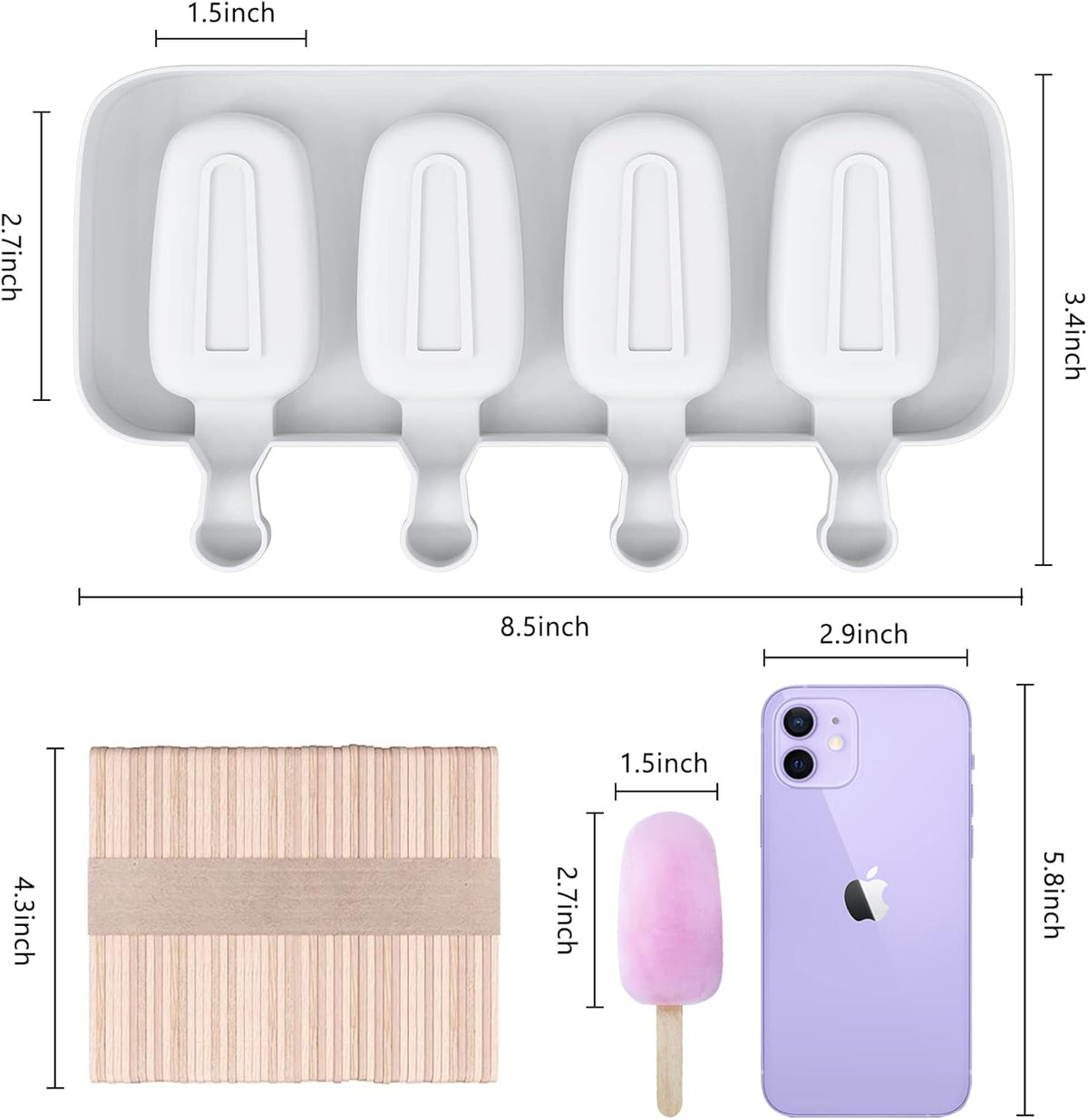 Ouddy Life Popsicle Molds Set of 2, Ice Pop Molds Silicone 4 Cavities Ice Cream Oval Cake Pop Mold with 50 Wooden Sticks for DIY Popsicle, Clear