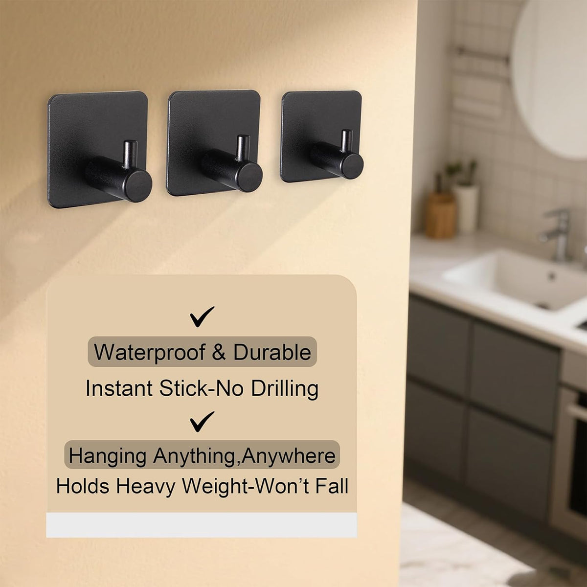 Aluminum Wall Hooks, No Drill Damage-Free Adhesive Hook, Product for Hanging Heavy Duty for Bathroom Kitchen Home (Single Square Black Hook, 4)