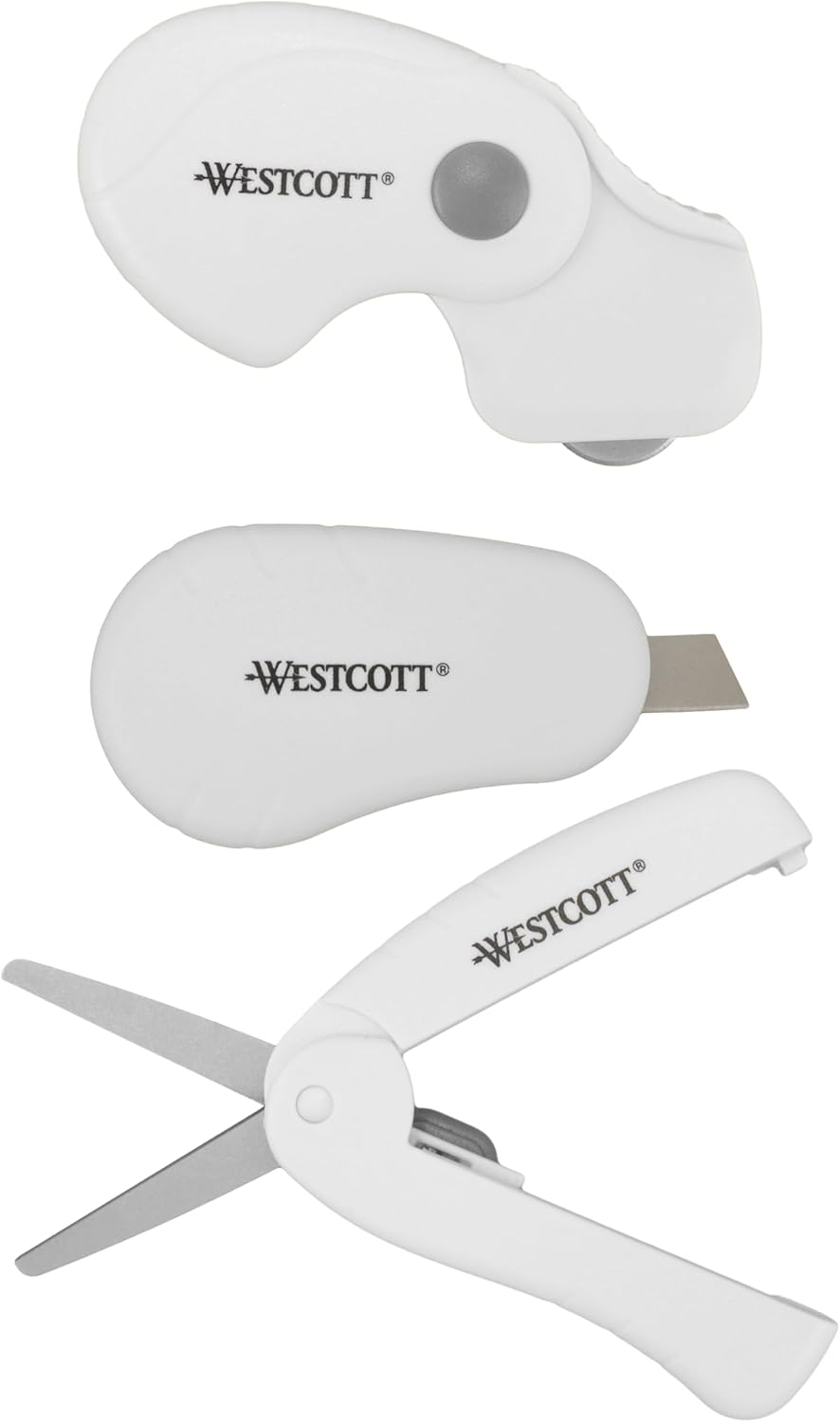 Westcott Titanium-Bonded Mini 3-Piece Travel Set - Folding Scissors for Fabric and Paper, Slicer & Rotary Cutter for Fabric