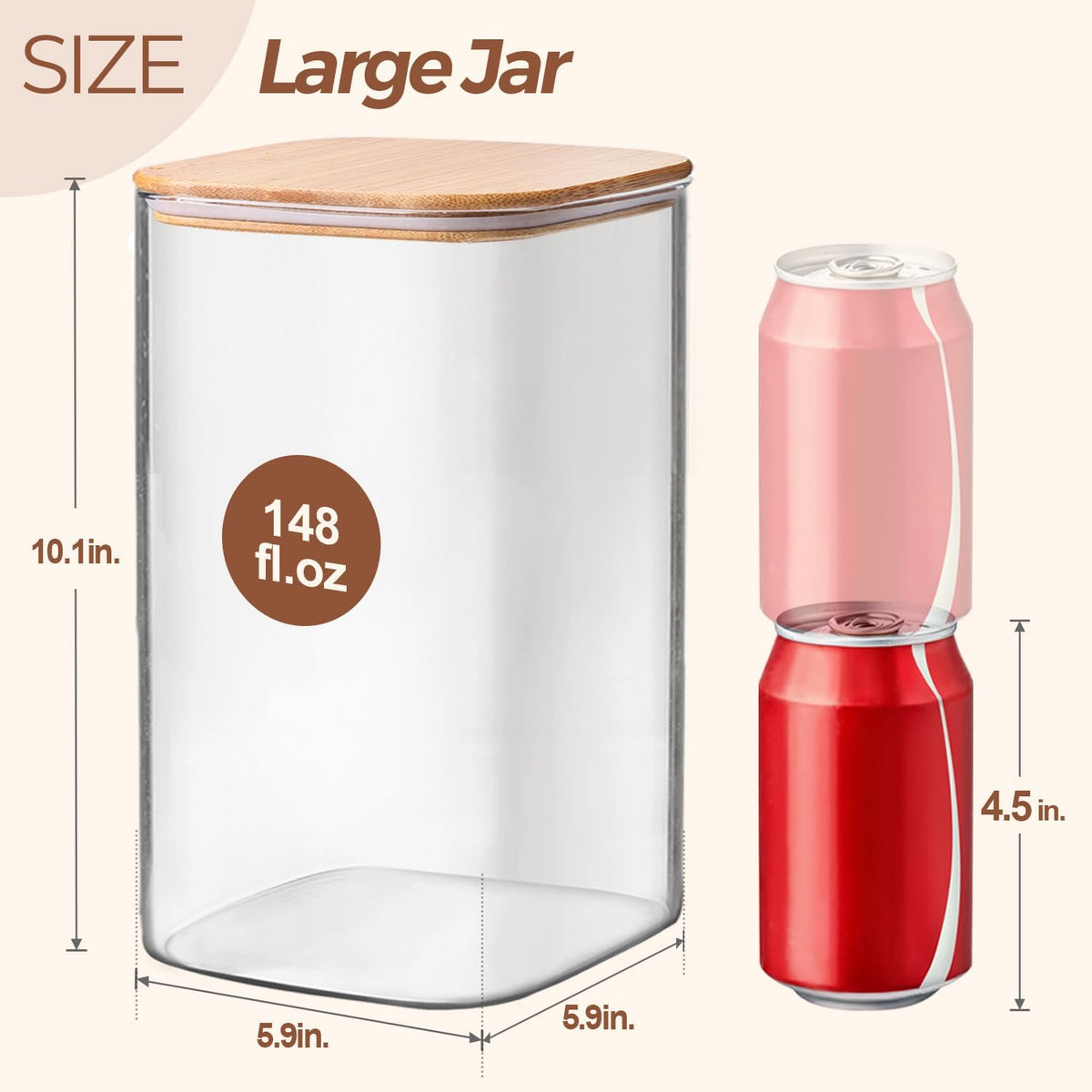 ComSaf 148 oz Glass Food Storage Containers, 1.2 Gallon Glass Flour and Sugar Containers with Lids, Large Square Glass Jars with Bamboo Lids for Rice, Pasta, Oats, Grains, Cookies, Coffee Beans