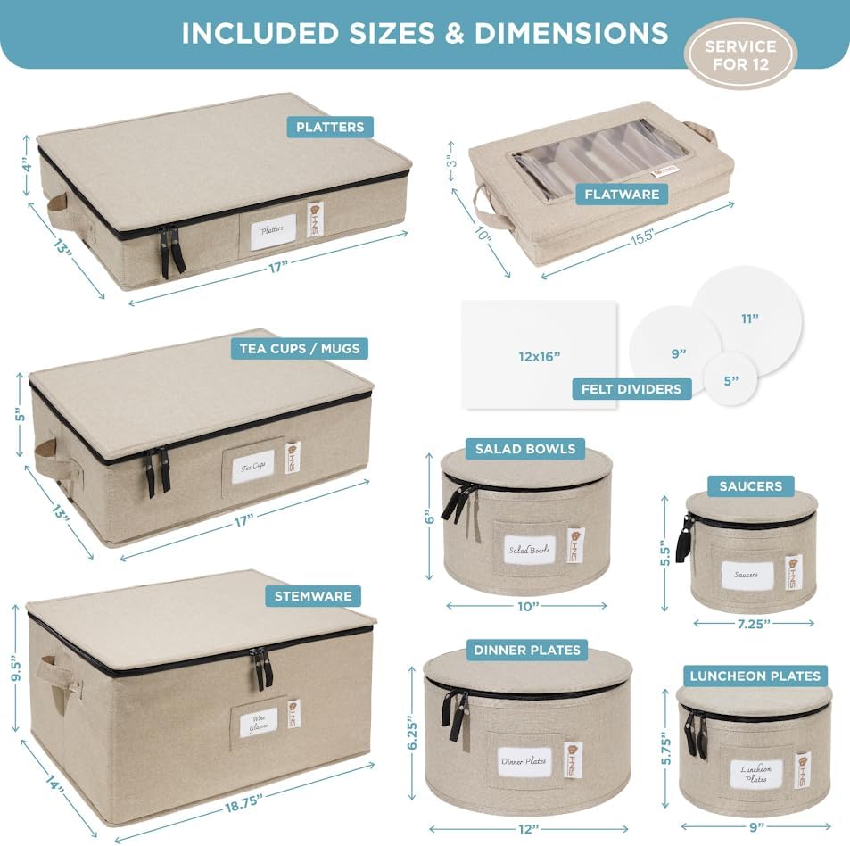Hard Shell China Storage Containers 8-Piece Set Moving Boxes for Dinnerware, Glasses, Plates, Mugs and Saucers Sturdy Dish Organizer with Dividers for Seasonal Storage - Service for 12 - Brown