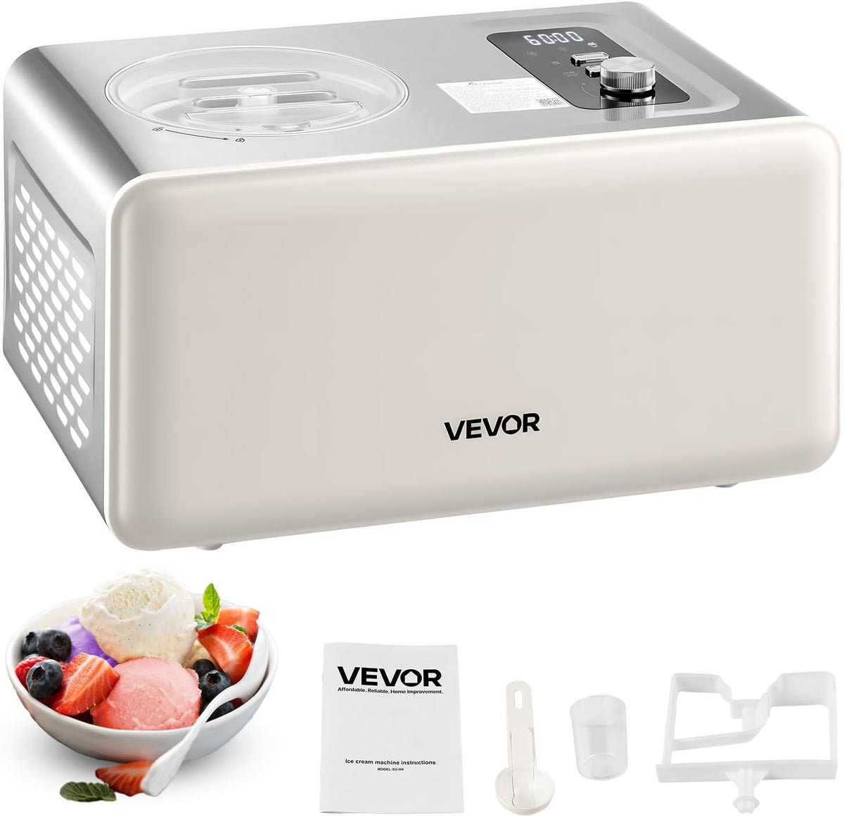 VEVOR Automatic Ice Cream Maker with Built-in Compressor, 2 Quart No Pre-freezing Gelato Maker, Stainless Steel Electric Sorbet-Maker, 3 Modes Compressor Ice Cream Machine for Home Kitchen
