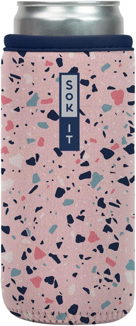 Sok It CanSok Sleeve for Beer & Soda Insulated Neoprene Cover (Pink Terrazzo, 12oz Slim Can Sleeve)