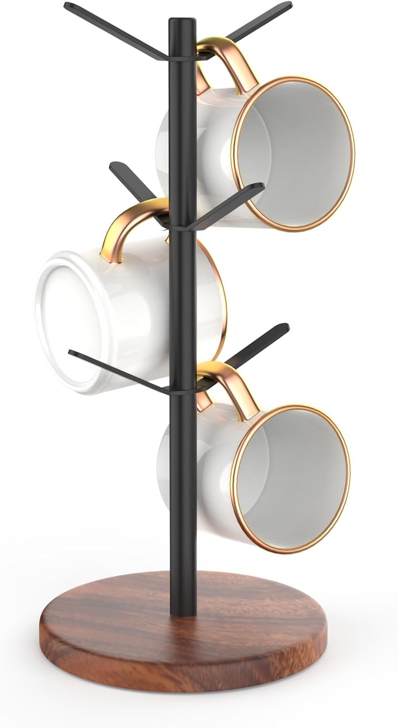 Coffee Mug Tree Holder Countertop, Non-Slip Walnut Wood Mug Rack with 6 Hooks, Coffee Cup Rack for Home Storage and Organizer (Brown)