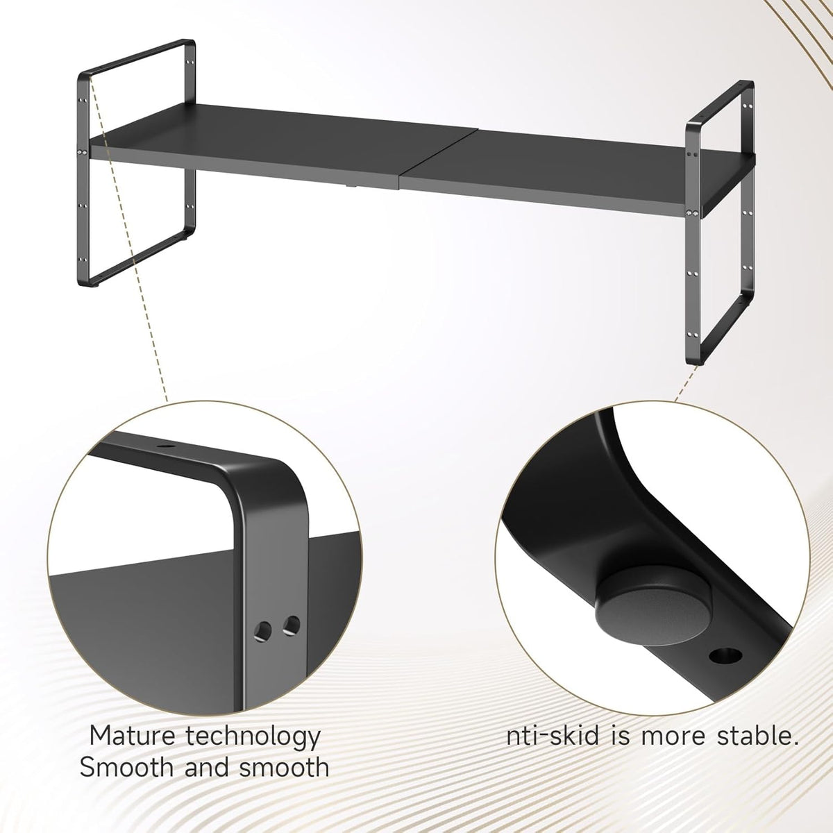 16.5~27.1" Expandable Shelf Organizer, 2Pack 8.1" Wide Stackable Cabinet Shelf Organizers, Black Metal Sturdy Kitchen Counter Storage for Countertop, Adjustable Height Spice Rack