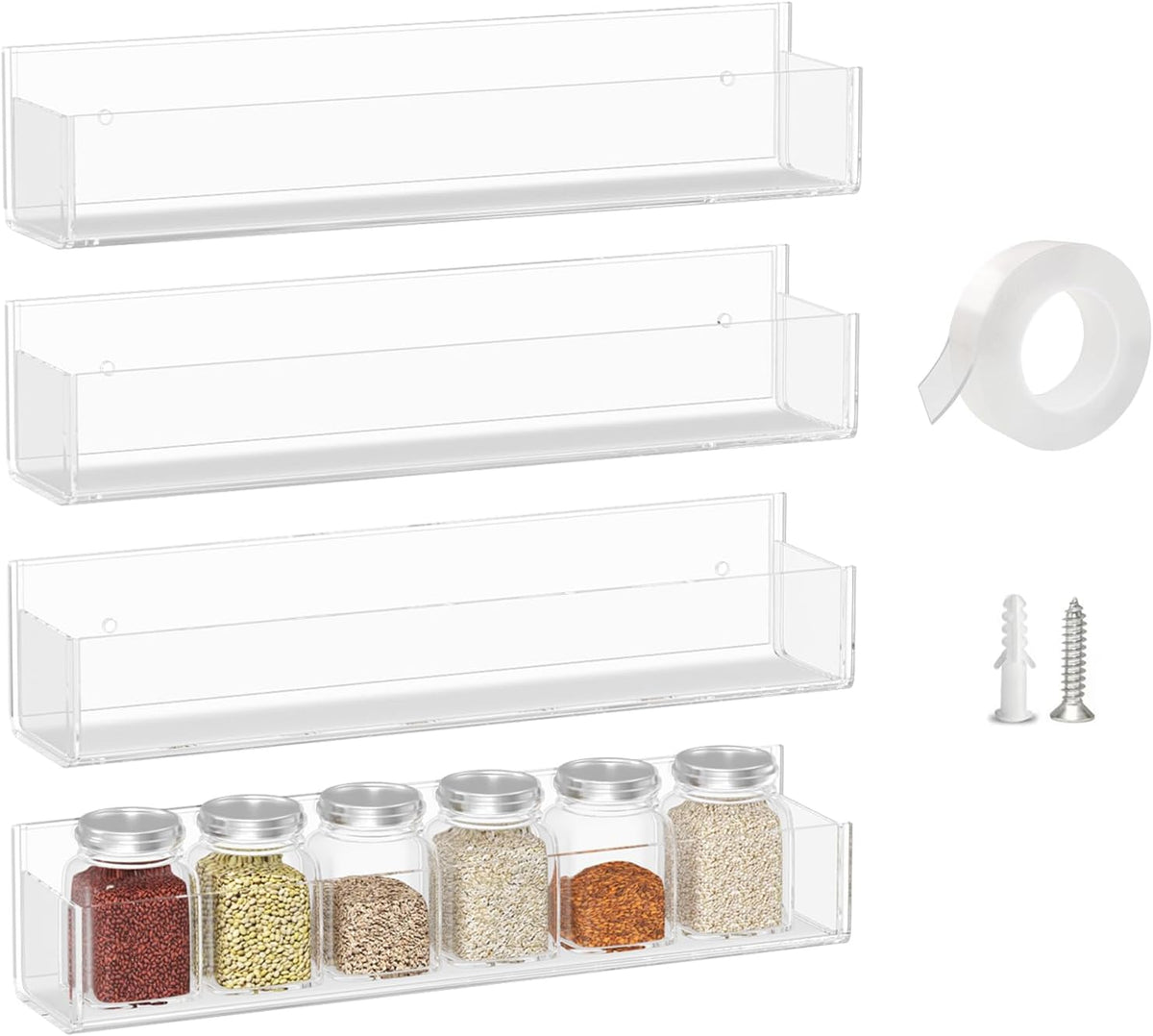 WUIVIUT Invisible Acrylic Wall Spice Rack Adhesive wall mounted rack organizer 11.8 inch spice shelf holder Drilling or self-adhesive organizer rack （Clear-4 Pack）