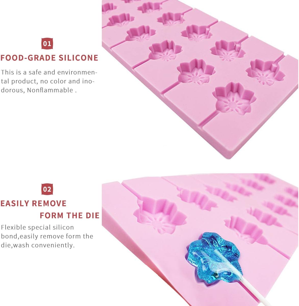 12 Capacity Silicone Cherry Blossoms Lollipop Mold Set, Sucker Molds and Chocolate Hard Candy Mold with 50pcs Lollipop Sucker Sticks, Candy Treat Bags, Gold Ties. (Cherry Blossoms Pink)