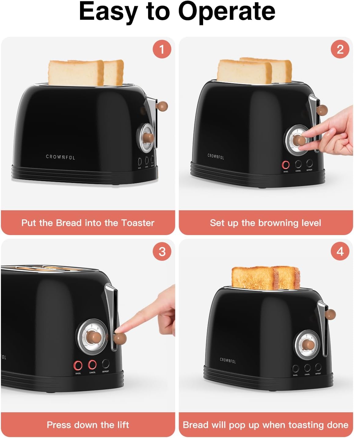 CROWNFUL 2-Slice Toaster, Extra Wide Slots Toaster, Retro Stainless Steel with Bagel, Cancel, Defrost, Reheat Function and 6-Shade Settings, Removal Crumb Tray, Black