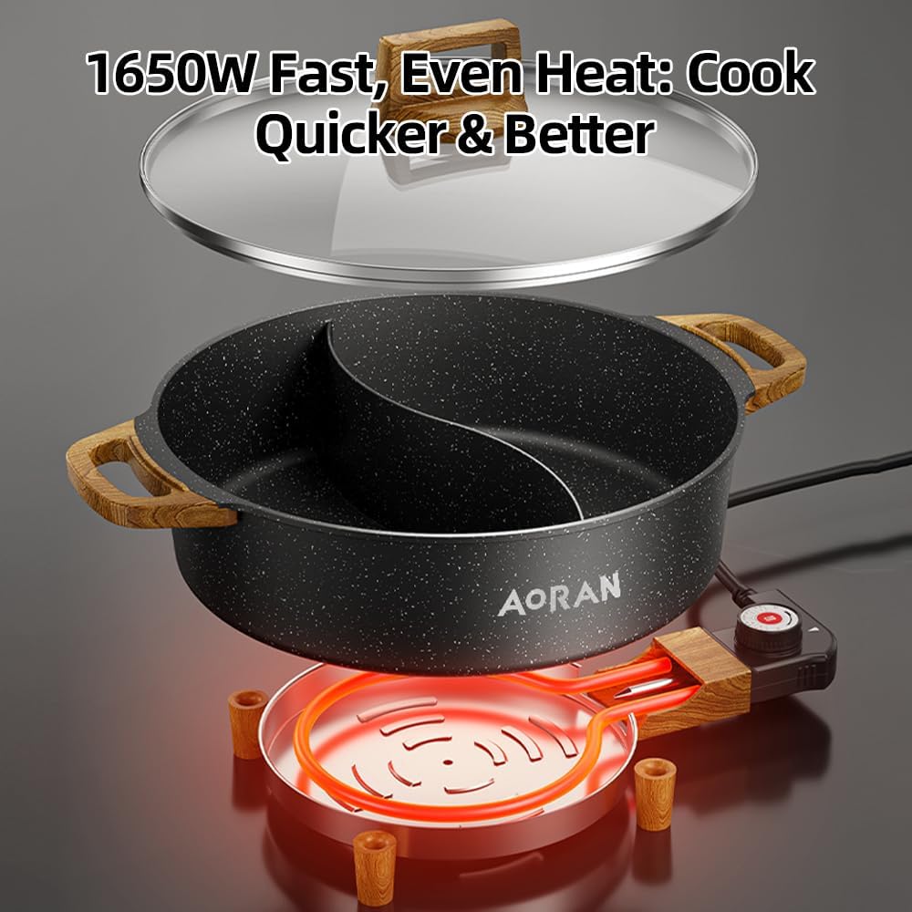 AORAN Electric Hot Pot with Divider, 1350W 8L Nonstick Smokeless Cooker for Shabu Shabu & Fondue, Multi-Function Cookware with Soup Ladle, Strainer, Includes Tongs - Easy to Clean, Black