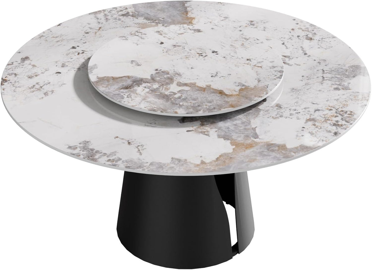Montary 59" Modern Artificial Marble Round Dining Table with Black Carbon Steel Base & 31.5" White Sintered Stone Turntable, Dining Room Table with Lazy Susan for 6-8 (Only Table)