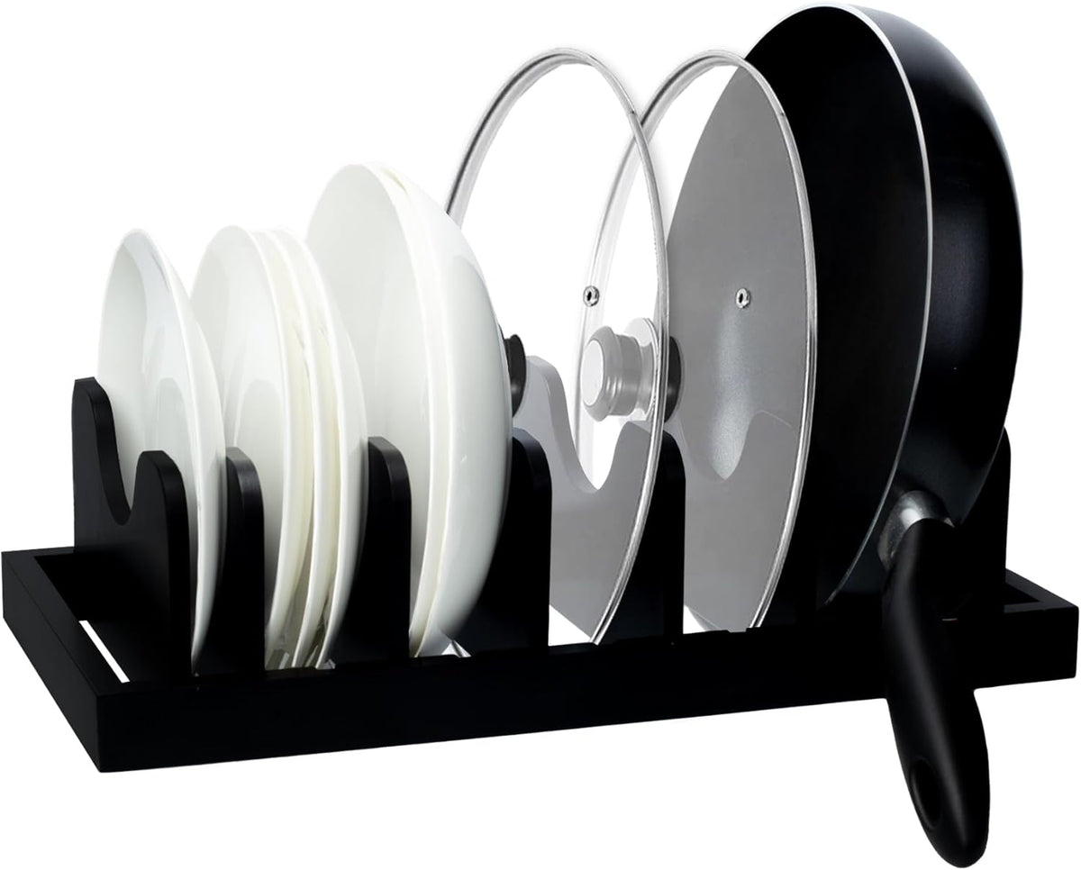 MinBoo Bamboo Pot Lid Organizer Pot Lid Holder, Pot and Pan Organizer Drawer Organizer for Pot Lids, Pans, Cutting Boards & Baking Sheets, Dinner Plates, Reusable Containers in Cabinet Storage,Black