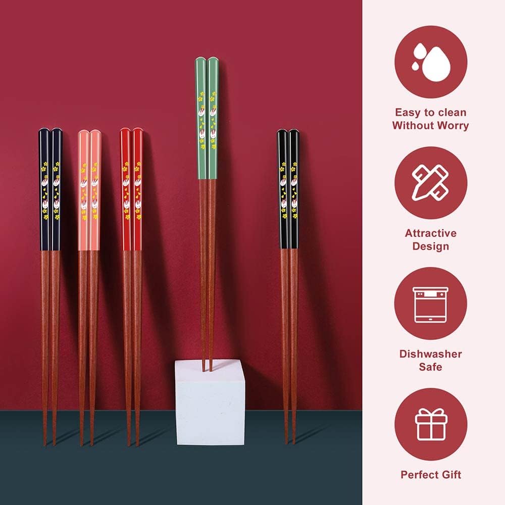 5 Pairs Natural Wooden Chopsticks Reusable Japanese Chopsticks - Lightweight Safe Chop Sticks 8.9 Inch/22.7 cm Gift Set