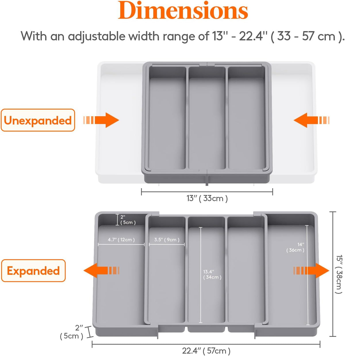 Lifewit Plastic Utensil Organizer for Kitchen Drawers, Expandable 13 to 22.4 Inches Wide, Adjustable Cutlery Silverware Flatware Holder, Kitchen Spatula Tools and Gadgets Storage Divider, Large, Gray