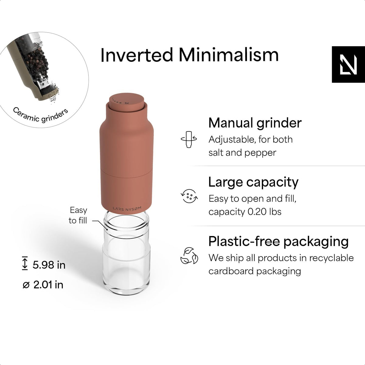 LARS NYSØM Salt and Pepper Grinder Set, Stainless Steel Manual Salt and Pepper Mills, Adjustable Ceramic Grinder, Design Spice Shakers (Red/Brown)