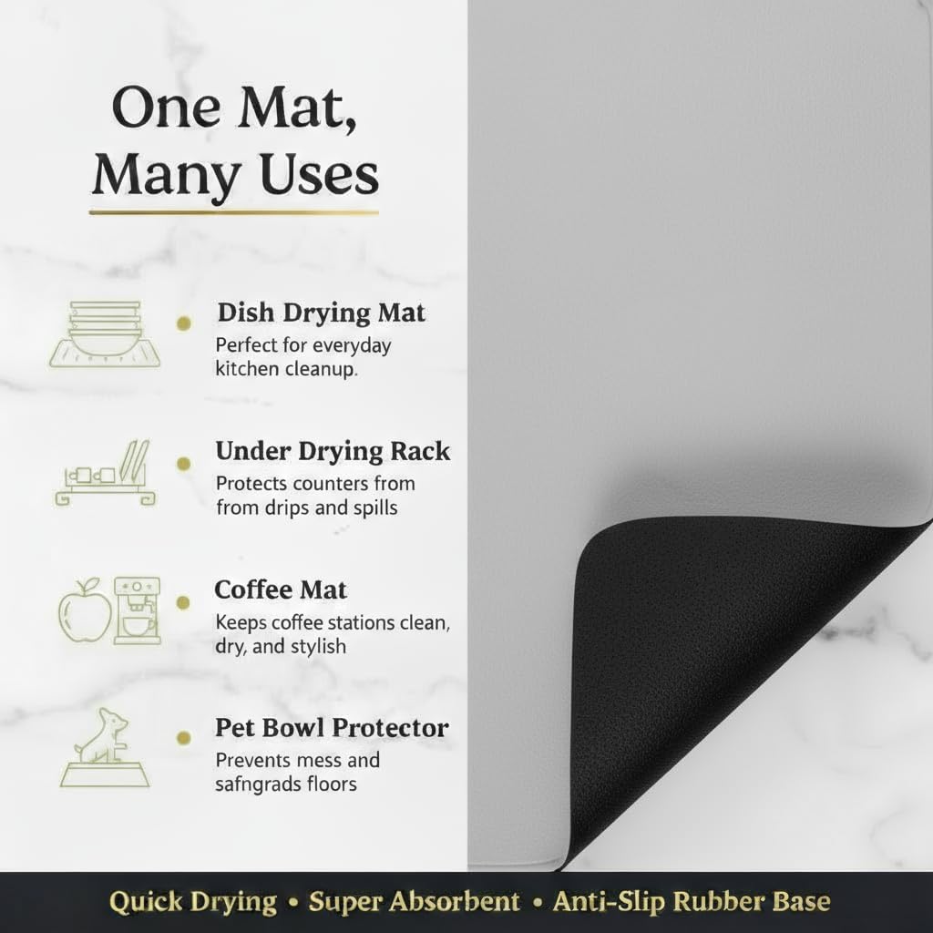 Dish Drying Mat Super Absorbent – 16" x 18" Coffee Mat for Countertops – Non-Slip Drying Mat for Kitchen Counter – Easy to Clean Water Absorbent Mat – Large Dish Drying Mats (Lite Gray)