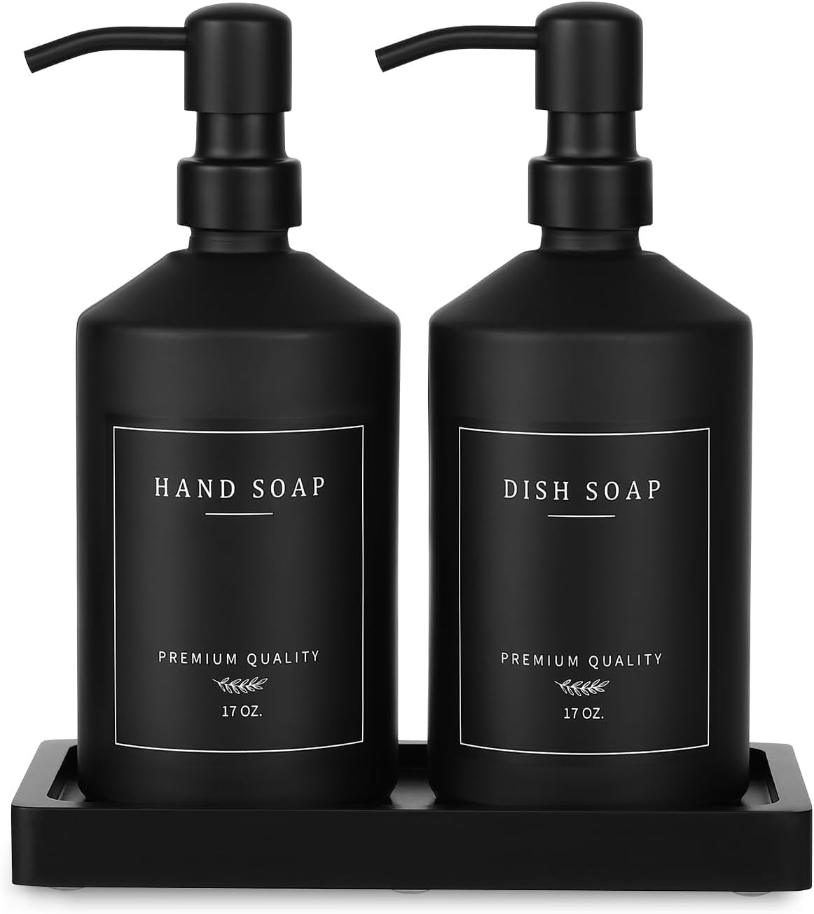 Matte Black Soap Dispenser Set, 17 OZ Hand and Dish Soap Dispenser Set, Bathroom Refillable Soap and Lotion Dispenser Set with Stainless Pump, Modern Liquid Soap Bottle Set(Black Bottle/Black Pump)