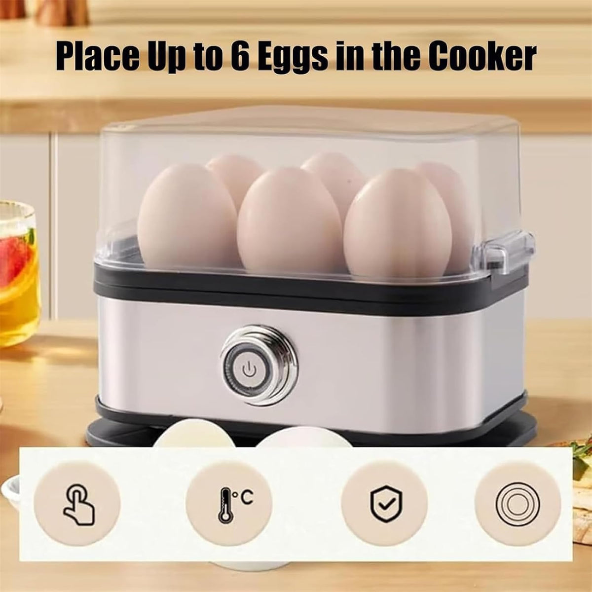 Sunny Side Master Egg Cooker, Multi-functional 6-Egg Rapid Cooking Capacity, Electric Poacher with Stainless Steel Design, For Soft Medium Hard Boiled Eggs and Omelettes (1Pcs)