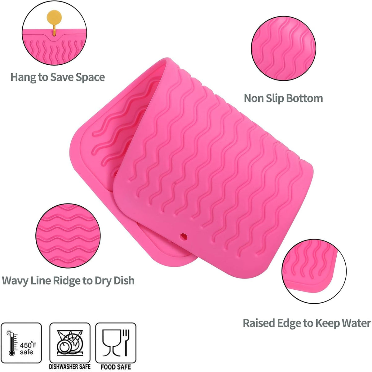 Silicone Dish Drying Mat for Multiple Usage,Easy clean,Eco-friendly,Heat-resistant Silicone Mat for Kitchen Counter or Sink,Refrigerator or Drawer Liner Rose S 12 inches x 6 inches