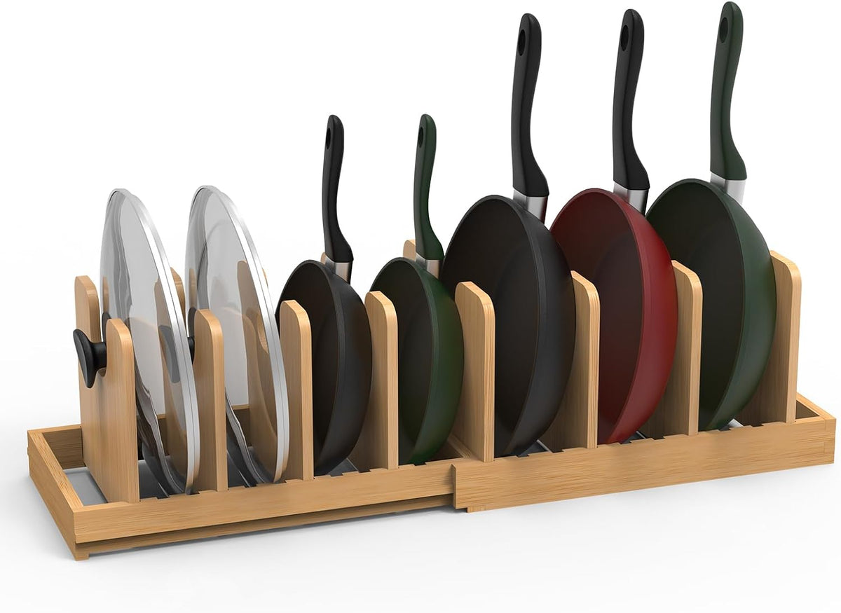 Pots and Pans Organizer Under Cabinet, Bamboo Expandable Pot Lid Organizer Holder Rack with 10 Removable Dividers