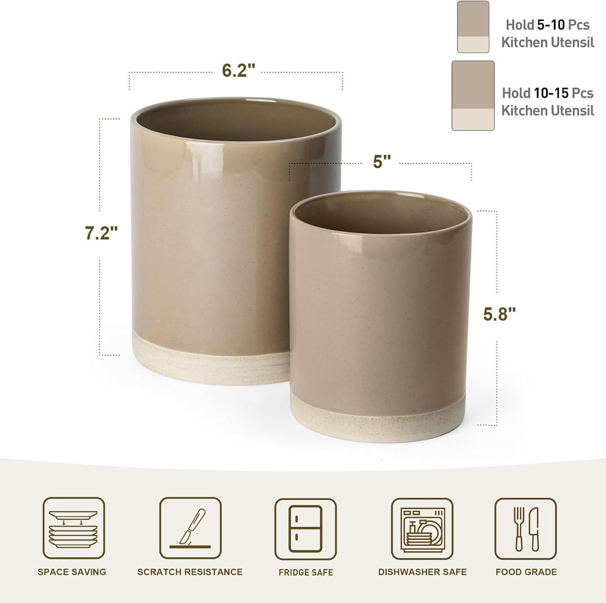 famiware Milkyway Kitchen Utensil Holder for Countertop, 7.2"+5.8" Ceramic Cooking Utensil Crocks for Counter, Utensil Organizer for Spatula & Spoon, Kitchen Decor, Set of 2, Cinnamon Brown