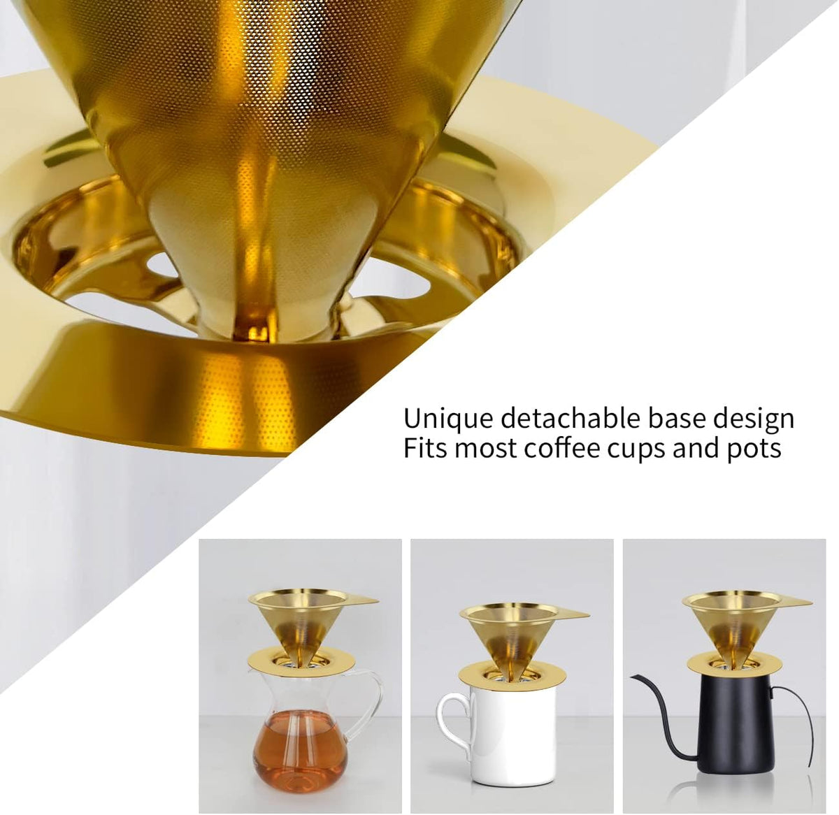 LHS Pour Over Coffee Dripper Reusable Coffee Filter Paperless Coffee Filter Stainless Steel Pour Over Coffee Maker Cone Coffee Dripper for 1-2 Cup,Gold