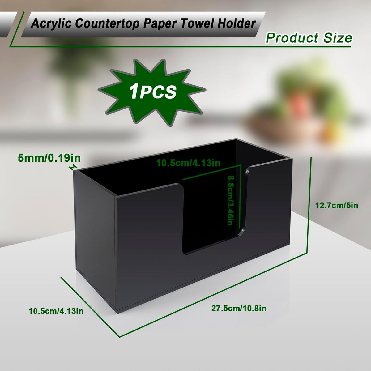 1Pack Paper Towel Holder Countertop, Acrylic Bathroom Paper Towel Holder, Black Napkin Holder for Kitchen, Countertop Multifold Z-fold C-fold,Trifold Paper Hand Towel Dispenser for Bathroom Toilet (1)