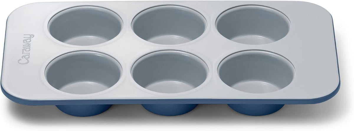 Caraway Nonstick Ceramic 6 Cup Muffin Pan – Non-Toxic, PTFE & PFOA Free – Oven Safe – Aluminized Steel Core – Small Muffin Pan for Baking Cupcakes, Muffins & More - Navy