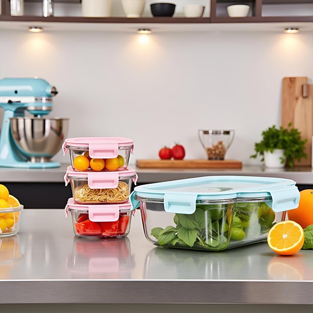Square Glass Food storage Containers with Airtight Lids, 2 cup Food Meal Prep Containers, Square Glass Bowl For Lunch Sandwich Fruit Snack, Dishwasher Microwave Freezer Safe- (Pink+Green)