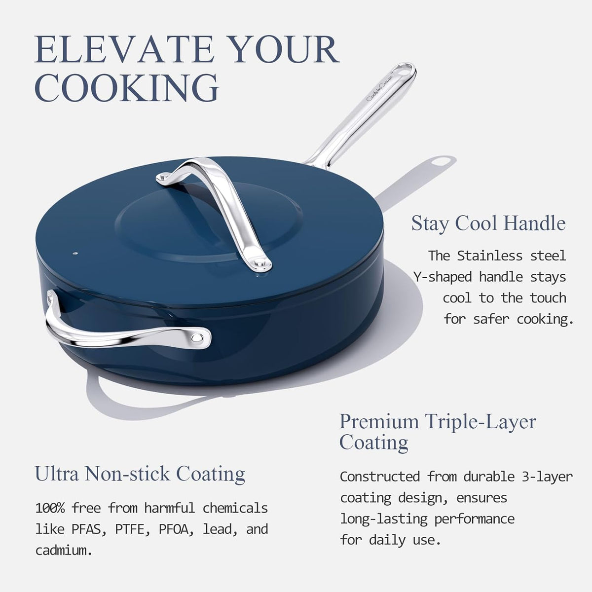 Nonstick Ceramic Sauté Pan with Lid (4.5 qt, 11"), Deep Frying Pan for All Cooktops - Non Toxic, PTFE/PFOA/PFAS Free, Dishwasher & Oven Safe up to 500°F - with Stay Cool Handle - Navy Blue