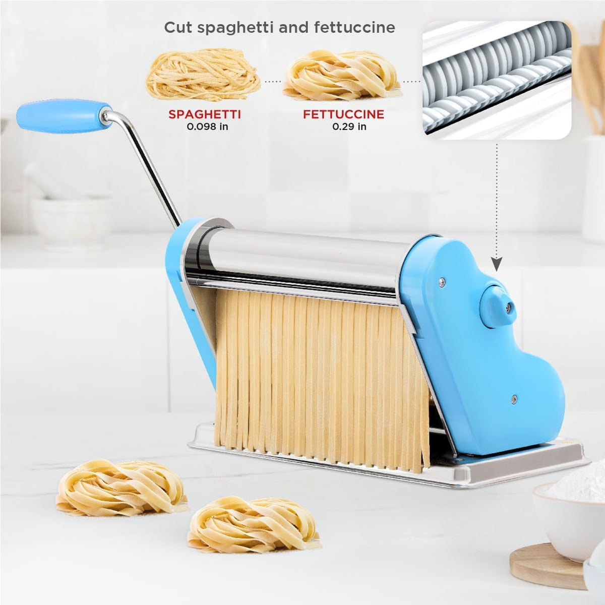 PASTALINDA Classic 260 Pasta Maker Machine, 26 cm Wide Rollers, 9 Thickness Positions, 2 Cutting Positions, Stainless Steel. Includes Reinforced Hand Crank And Two Clamps (Light Blue)