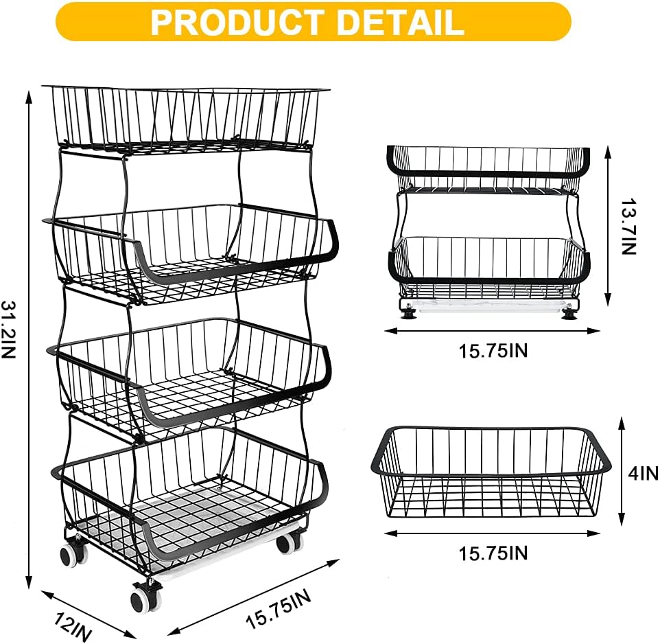 Fruit Vegetable Storage Basket, 4 Tier Stackable Metal Wire Storage Baskets with Wheels, Fruit Vegetable Produce Basket Organizer Bins for Kitchen, Pantry, Bathroom