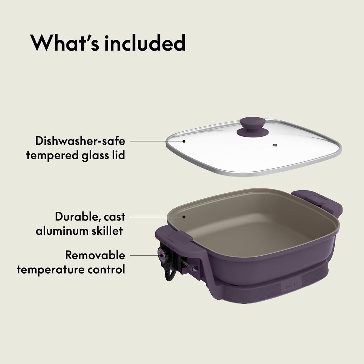 bella Make & Take Electric Skillet, Fits-anywhere™ kitchenware, EverGood™ Ceramic Coating, Adjustable Temperature & Dishwasher-Safe Tempered Glass Lid, Cast Aluminum Base, 1200 Watt, Plum