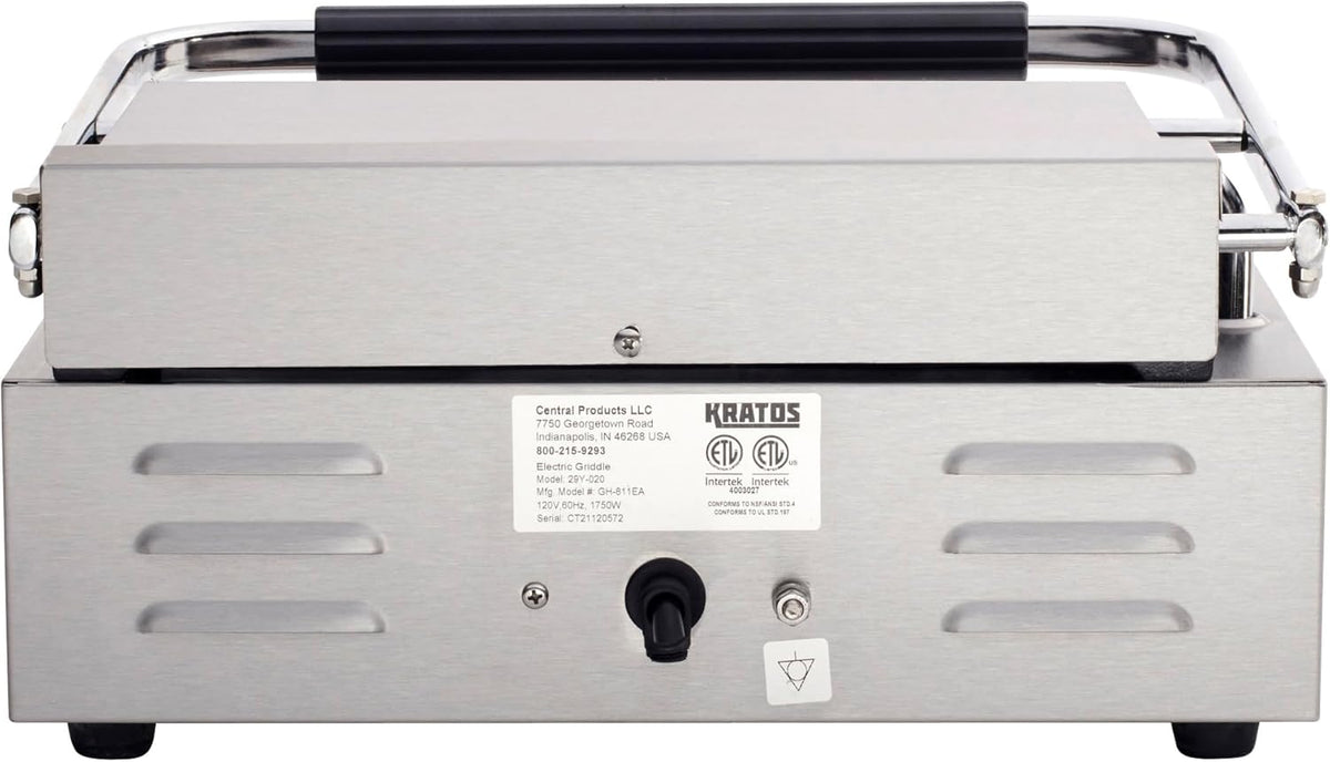 Kratos Commercial Electric Panini Sandwich Grill with Grooved Plates, 14" x 9" Cooking Surface, Commercial Countertop Panini Press, 120V, 1750W (29Y-020)