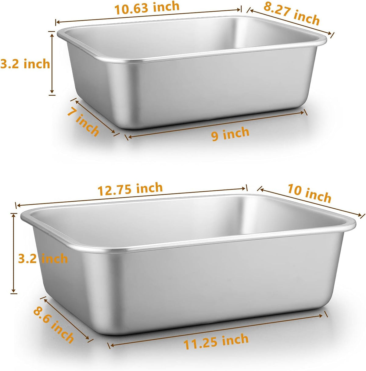 Deep Lasagna Pan Set of 2, E-far Stainless Steel Rectangular Roasting Baking Pans, 12.75 x 10 & 10.6x8.3 Inches Roaster Baking Dish, Non-Toxic & Heavy Duty, Dishwasher Safe