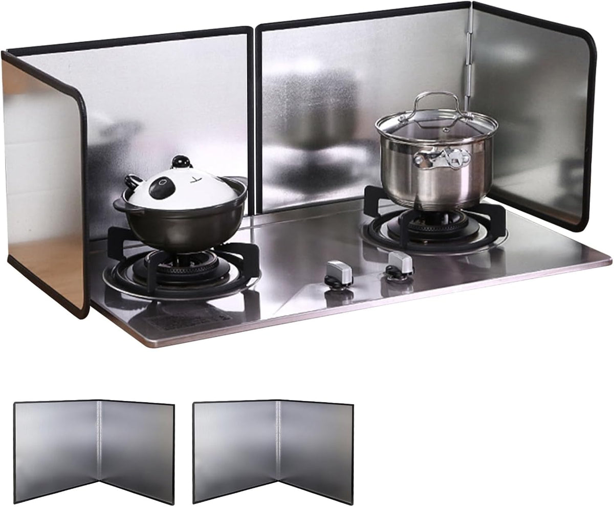 2 Pieces 2 Sided Grease Splatter Guard Foldable Splatter Guard for Stove Stainless Steel Oil Splatter Screens Backsplash for Wall Gas Range Frying Pan Camping(Size:11.8×15.7inches)